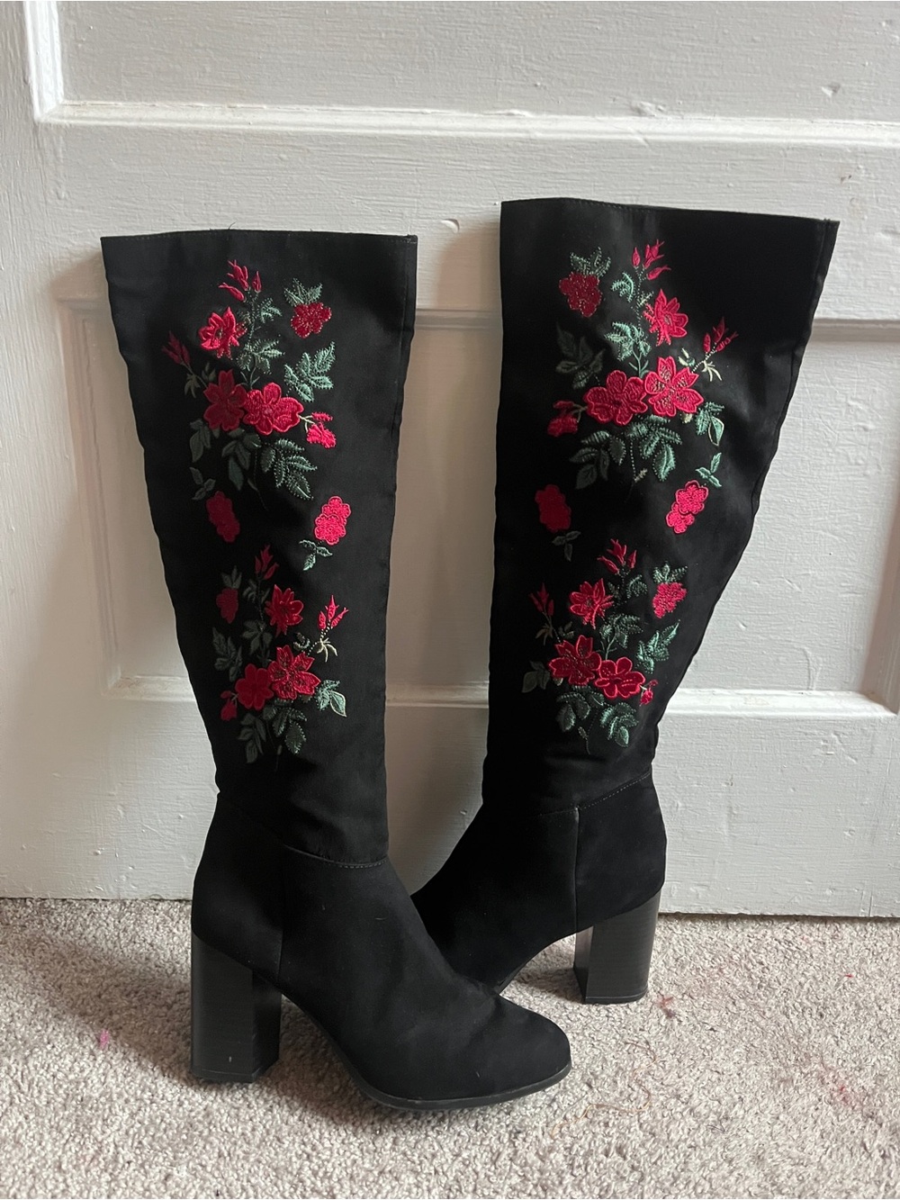 Black Knee-High Boots with Pink Floral Embroidery